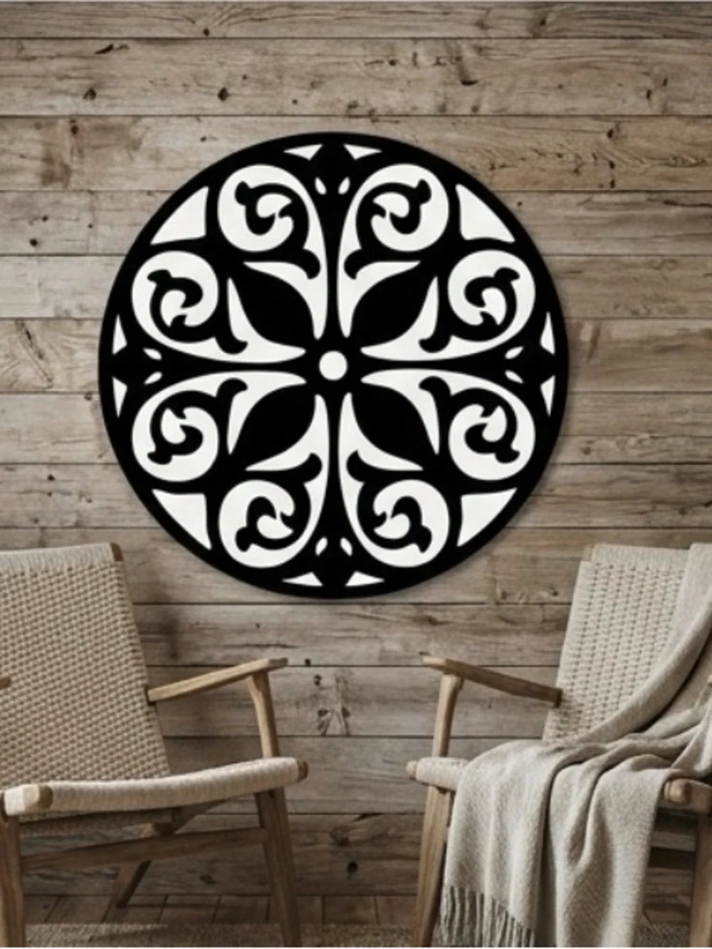 Ornate Round Black Wall Medallion - Decorative Scroll Accent